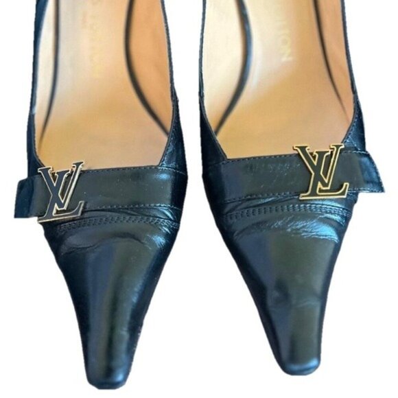 Louis Vuitton Black Leather Slingback Pumps Gold LV Logo Detail Box 39EU 8.5 US - Picture 3 of 13